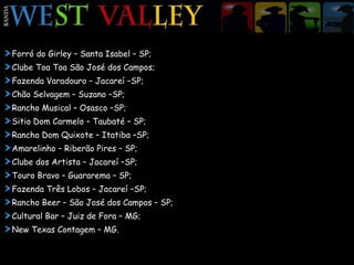 Forró do Girley – Santa Isabel – SP; Clube Toa Toa São José dos Campos; Fazenda Varadouro – Jacareí –SP; Chão Selvagem – Suzano –SP; Rancho Musical – Osasco –SP; Sitio Dom Carmelo – Taubaté – SP; Rancho Dom Quixote – Itatiba –SP; Amarelinho – Riberão Pires – SP; Clube dos Artista – Jacareí –SP; Touro Bravo – Guararema – SP; Fazenda Três Lobos – Jacareí –SP; Rancho Beer – São José dos Campos – SP; Cultural Bar – Juiz de Fora – MG; New Texas Contagem – MG. 