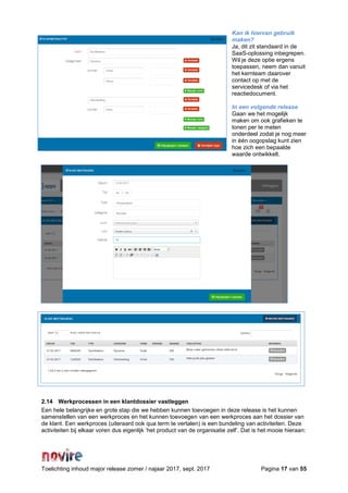 Toelichting inhoud major release zomer / najaar 2017, sept. 2017 Pagina 17 van 55
Kan ik hiervan gebruik
maken?
Ja, dit zit standaard in de
SaaS-oplossing inbegrepen.
Wil je deze optie ergens
toepassen, neem dan vanuit
het kernteam daarover
contact op met de
servicedesk of via het
reactiedocument.
In een volgende release
Gaan we het mogelijk
maken om ook grafieken te
tonen per te meten
onderdeel zodat je nog meer
in één oogopslag kunt zien
hoe zich een bepaalde
waarde ontwikkelt.
2.14 Werkprocessen in een klantdossier vastleggen
Een hele belangrijke en grote stap die we hebben kunnen toevoegen in deze release is het kunnen
samenstellen van een werkproces en het kunnen toevoegen van een werkproces aan het dossier van
de klant. Een werkproces (uiteraard ook qua term te vertalen) is een bundeling van activiteiten. Deze
activiteiten bij elkaar voren dus eigenlijk ‘het product van de organisatie zelf’. Dat is het mooie hieraan:
 