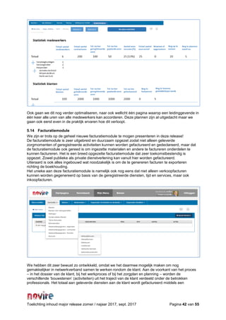 Toelichting inhoud major release zomer / najaar 2017, sept. 2017 Pagina 42 van 55
Ook gaan we dit nog verder optimaliseren, naar ook wellicht één pagina waarop een leidinggevende in
één keer alle uren van alle medewerkers kan accorderen. Deze plannen zijn al uitgedacht maar we
gaan ook eerst even in de praktijk ervaren hoe dit verloopt.
5.14 Facturatiemodule
We zijn er trots op de geheel nieuwe facturatiemodule te mogen presenteren in deze release!
De facturatiemodule is zeer uitgebreid en duurzaam opgezet zodat niet alleen geleverde
zorgmomenten of geregistreerde activiteiten kunnen worden gefactureerd en gedeclareerd, maar dat
de facturatiemodule ook gereed is om ingezette materialen en andere te factureren onderdelen te
kunnen factureren. Het is een breed opgezette facturatiemodule dat zeer toekomstbestendig is
opgezet. Zowel publieke als private dienstverlening kan vanuit hier worden gefactureerd.
Uiteraard is ook alles ingebouwd wat noodzakelijk is om de te genereren facturen te exporteren
richting de boekhouding.
Het unieke aan deze facturatiemodule is namelijk ook nog eens dat niet alleen verkoopfacturen
kunnen worden gegenereerd op basis van de geregistreerde diensten, tijd en services, maar ook
inkoopfacturen.
We hebben dit zeer bewust zo ontwikkeld, omdat we het daarmee mogelijk maken om nog
gemakkelijker in netwerkverband samen te werken rondom de klant. Aan de voorkant van het proces
– in het dossier van de klant, bij het werkproces of bij het zorgplan en planning – worden de
verschillende ‘bouwstenen’ (activiteiten) uit het traject van de klant verdeeld onder de betrokken
professionals. Het totaal aan geleverde diensten aan de klant wordt gefactureerd middels een
 