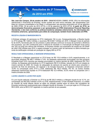 Resultados do 3º Trimestre
                            de 2010 em IFRS

São José dos Campos, 28 de outubro de 2010 - (BM&FBOVESPA: EMBR3, NYSE: ERJ) As informações
operacionais e financeiras da Empresa, exceto quando de outra forma indicadas, são apresentadas com
base em números consolidados e em Reais, e correspondem aos períodos encerrados em 30 de setembro
de 2009 (3T09), 30 de junho de 2010 (2T10), e 30 de setembro de 2010 (3T10). A partir do 2T10, as
demonstrações financeiras passaram a ser apresentadas em IFRS (International Financial Reporting
Standards), e não mais conforme as práticas brasileiras adotadas anteriormente. As informações dos
trimestres anteriores, apresentados para efeito de comparação, também foram elaborados em IFRS.

RECEITA LÍQUIDA E MARGEM BRUTA

A Embraer entregou 44 aeronaves no 3T10, totalizando 154 no ano. Consequentemente, a Receita líquida
no 3T10 atingiu R$ 1.820,2 milhões, e acumulou R$ 6.038,7 milhões em 2010. A Margem bruta do período
foi de 20,6%, favorecida pelo mix de produtos e pelos esforços contínuos na busca de aumentar a eficiência
dos processos, que vêm contribuindo para a melhoria do resultado e a manutenção da Margem bruta acima
dos 19% ao longo dos últimos três trimestres. A Empresa mantém sua expectativa de receita em US GAAP
de US$ 5.250 milhões para 2010, e espera entregar um número maior de aeronaves no último trimestre por
conta da certificação e entrada em produção do Legacy 650 no 4T10.

RESULTADO OPERACIONAL E MARGEM OPERACIONAL

O Resultado e a Margem operacional no 3T10 foram de R$ 115,6 milhões e 6,4% respectivamente, e no
acumulado atingiram R$ 460,7 milhões e 7,6%. As Despesas operacionais acumuladas nos três primeiros
trimestres foram 9,5% menores que aquelas acumuladas no mesmo período de 2009, totalizando R$ 776,2
milhões. As Despesas administrativas no 3T10 registraram R$ 91,9 milhões, redução de 4,5% em relação ao
mesmo período de 2009. Em função da adequação da estrutura de suporte ao cliente para comportar o
aumento da frota de aeronaves, em especial o da Aviação Executiva, as Despesas comerciais subiram
15,8% na comparação entre 3T10 e 3T09, totalizando R$ 155,0 milhões. Por fim, as Outras receitas
(despesas) operacionais líquidas no 3T10 totalizaram R$ 12,0 milhões, 33,3% menor se comparado com o
mesmo trimestre de 2009.

LUCRO LÍQUIDO E LUCRO POR AÇÃO

O Lucro líquido atribuído a Embraer no 3T10 foi de R$ 220,0 milhões e a Margem líquida foi de 12,1%, em
comparação aos R$ 228,4 milhões e 9,8% no 3T09, respectivamente. O forte resultado financeiro, e o crédito
do imposto de renda diferido devido ao efeito da variação cambial sobre os ativos não monetários da
Empresa contribuíram positivamente para a Margem líquida do trimestre. O Lucro por ação no 3T10 ficou em
R$ 0,3039, ante os R$ 0,3157 registrado no mesmo período do ano passado.




                                             Página 2 de 13
 