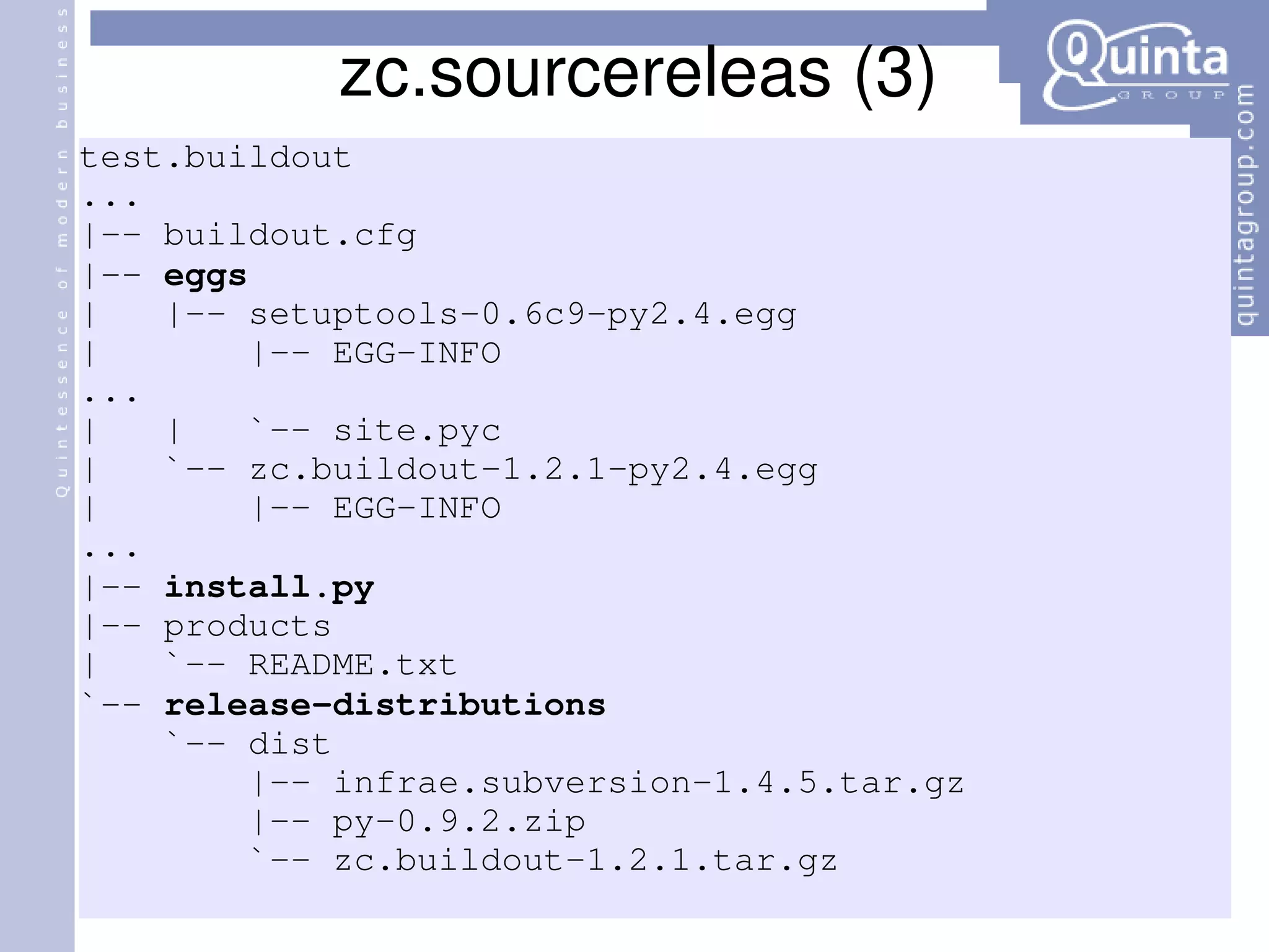 zc.sourcereleas (3) test.buildout  ... |-- buildout.cfg  |--  eggs   |  |-- setuptools-0.6c9-py2.4.egg  |  |-- EGG-INFO  ... |  |  `-- site.pyc  |  `-- zc.buildout-1.2.1-py2.4.egg  |  |-- EGG-INFO  ... |--  install.py |-- products |  `-- README.txt `--  release-distributions `-- dist |-- infrae.subversion-1.4.5.tar.gz |-- py-0.9.2.zip `-- zc.buildout-1.2.1.tar.gz 