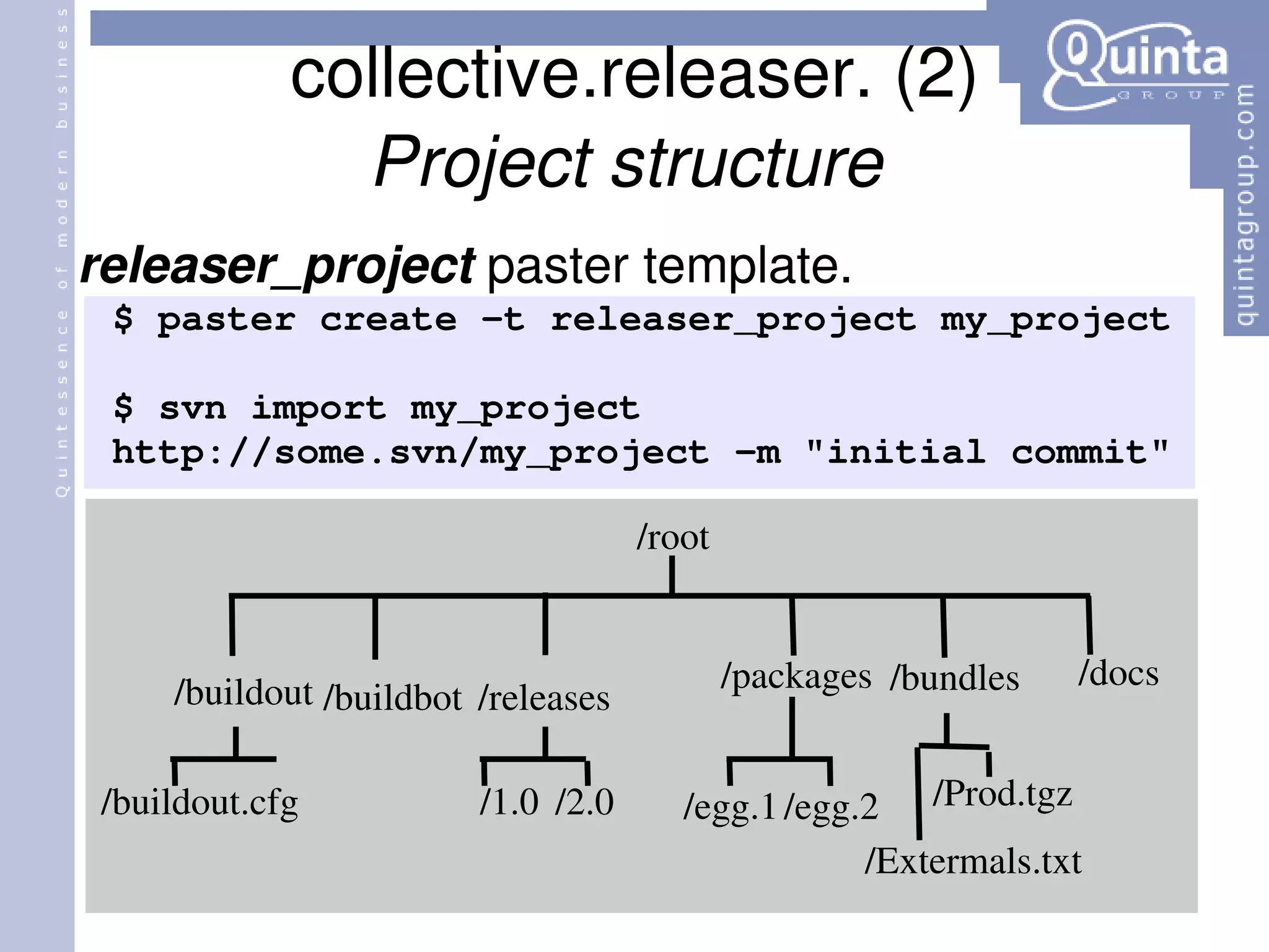 collective.releaser. (2) Project structure   releaser_project   paster template. $ paster create -t releaser_project my_project $ svn import my_project http://some.svn/my_project -m &quot;initial commit&quot;  /buildout /packages /bundles /releases /buildbot /docs /root /1.0 /2.0 /egg.1 /egg.2 /buildout.cfg /Extermals.txt /Prod.tgz 