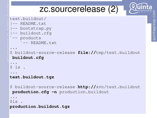 zc.sourcerelease (2) test.buildout/ |-- README.txt |-- bootstrap.py |-- buildout.cfg `-- products `-- README.txt ... $ buildout-source-release  file:// tmp/test.buildout  buildout.cfg ... $ ls . ... test.buildout.tgz $ buildout-source-release  http:// svn/test.buildout  production.cfg   -n  production.buildout ... $ls . production.buildout.tgz 