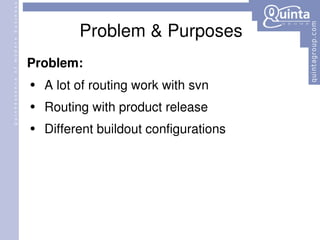 Problem & Purposes Problem: A lot of routing work with svn Routing with product release Different buildout configurations 