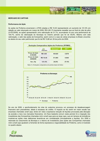 MERCADO DE CAPITAIS


Performance da Ação

As ações da Profarma encerraram o 2T09 cotadas a R$ 10,30 representando um aumento de 121,5% em
relação ao valor alcançado em março de 2009, R$ 4,65. É importante ressaltar que ao final do mês de julho
(31/07/2009), as ações apresentaram uma valorização de 31,1%, acumulando no ano uma performance de
154,7%, acima da valorização do Ibovespa no mesmo período que foi de 45,8%. Mesmo com esta
valorização, o valor das ações da Companhia, assim como é o caso de várias empresas no Brasil, encontra-
se abaixo do seu valor patrimonial, que foi de R$ 13,88 em 30 de junho de 2009.


                             Evoluçã o Com pa ra tiva Açõe s da Profa rm a (PFRM3)

                                                                    Ibovespa (1)          IGC(1)

                            Pr e ço da Ação
                                                  R$ 4.65             40.925             3.878
                               31/03/09
                            Pr e ço da Ação
                                                 R$ 10.30             51.465             4.944
                               30/06/09

                               Var. (%)           121.5%               25.8%             27.5%

                        Nota (1): Evolução comparativa em pontos-base do Índice




                                                Profarma vs Ibovespa

                       195                                                                         194

                       175
                       155
                                                                                                   137
                       135
                       115
                       95
                       75
                       55
                       35
                       15
                             29-Dez-08 30-Jan-09 28-Fev-09   31-Mar-09 30-Abr-09 29-Mai-09 30-Jun-09

                                                   Ibovespa          Profarma



No ano de 2008, o aprofundamento da crise do subprime provocou um processo de desalavancagem
financeira sem precedentes, aliada à escassez de crédito. O impacto se fez sentir em maior escala nas
empresas chamadas small caps, tendo em vista a expressiva redução de liquidez provocada pela elevação
da aversão a risco nos mercados financeiros. Um fluxo bastante comum neste período foi a migração dos
investidores das Companhias chamadas mid e small caps para as large caps, que em tempos de turbulência
mostram-se ações mais defensivas levando-se em consideração principalmente a liquidez. Em 2009 a
retomada do crescimento da Bovespa e o retorno de investidores para ações das Companhias chamadas
mid e small caps ajudaram a fomentar de forma expressiva a negociabilidade da Profarma, como é mostrado
no quadro abaixo.
 