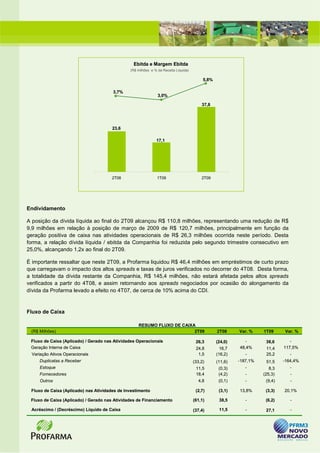 Ebitda e Margem Ebitda
                                               (R$ milhões e % da Receita Líquida)

                                                                                          5,8%

                                       3,7%
                                                               3,0%

                                                                                         37,8




                                       23,6

                                                              17,1




                                       2T08                   1T09                       2T09




Endividamento

A posição da dívida líquida ao final do 2T09 alcançou R$ 110,8 milhões, representando uma redução de R$
9,9 milhões em relação à posição de março de 2009 de R$ 120,7 milhões, principalmente em função da
geração positiva de caixa nas atividades operacionais de R$ 26,3 milhões ocorrida neste período. Desta
forma, a relação dívida líquida / ebitda da Companhia foi reduzida pelo segundo trimestre consecutivo em
25,0%, alcançando 1,2x ao final do 2T09.

É importante ressaltar que neste 2T09, a Profarma liquidou R$ 46,4 milhões em empréstimos de curto prazo
que carregavam o impacto dos altos spreads e taxas de juros verificados no decorrer do 4T08. Desta forma,
a totalidade da dívida restante da Companhia, R$ 145,4 milhões, não estará afetada pelos altos spreads
verificados a partir do 4T08, e assim retornando aos spreads negociados por ocasião do alongamento da
dívida da Profarma levado a efeito no 4T07, de cerca de 10% acima do CDI.


Fluxo de Caixa

                                                   RESUMO FLUXO DE CAIXA
 (R$ Milhões)                                                           2T09                     2T08     Var. %    1T09     Var. %

 Fluxo de Caixa (Aplicado) / Gerado nas Atividades Operacionais                       26,3       (24,0)      -       36,6       -
 Geração Interna de Caixa                                                             24,8         16,7   48,4%      11,4    117,5%
  Variação Ativos Operacionais                                                         1,5       (16,2)      -       25,2       -
     Duplicatas a Receber                                                            (33,2)      (11,6)   -187,1%    51,5    -164,4%
     Estoque                                                                          11,5        (0,3)      -         8,3      -
     Fornecedores                                                                     18,4        (4,2)      -      (25,3)      -
     Outros                                                                            4,8        (0,1)      -       (9,4)      -

 Fluxo de Caixa (Aplicado) nas Atividades de Investimento                             (2,7)       (3,1)   13,8%      (3,3)   20,1%

 Fluxo de Caixa (Aplicado) / Gerado nas Atividades de Financiamento                  (61,1)       38,5       -       (6,2)      -

 Acréscimo / (Decréscimo) Líquido de Caixa                                           (37,4)       11,5       -       27,1       -
 