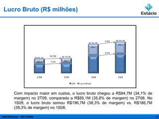 Lucro Bruto (R$ milhões)



                                                                                    5,4%   38,3% RL
                                                                         39,3% RL
                                                                                            196,7
                                                                           186,7

                                                                                    9,5%
                                       (0,5%)   34,1% RL                                    316,3
                            35,8% RL                                       288,9
                              85,1     7,1%       84,7

                             152,9               163,8



                              2T08               2T09                      1S08             1S09

                                                           CSP   Lucro Bruto



         Com impacto maior em custos, o lucro bruto chegou a R$84,7M (34,1% de
         margem) no 2T09, comparado a R$85,1M (35,8% de margem) no 2T08. No
         1S09, o lucro bruto somou R$196,7M (38,3% de margem) vs. R$186,7M
         (39,3% de margem) no 1S08.

2Q09 Webcast – 08/13/2009                                                                             6
 
