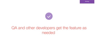 QA and other developers get the feature as
needed
Strategy
 
