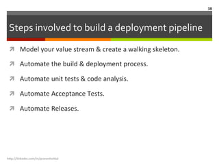 Steps	
  involved	
  to	
  build	
  a	
  deployment	
  pipeline	
  
ì  Model	
  your	
  value	
  stream	
  &	
  create	
  a	
  walking	
  skeleton.	
  
ì  Automate	
  the	
  build	
  &	
  deployment	
  process.	
  
ì  Automate	
  unit	
  tests	
  &	
  code	
  analysis.	
  
ì  Automate	
  Acceptance	
  Tests.	
  
ì  Automate	
  Releases.	
  
h"p://linkedin.com/in/praneshvi"al	
  
38	
  
 