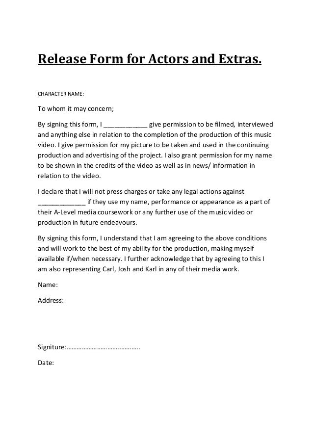 Release form for actors and extras