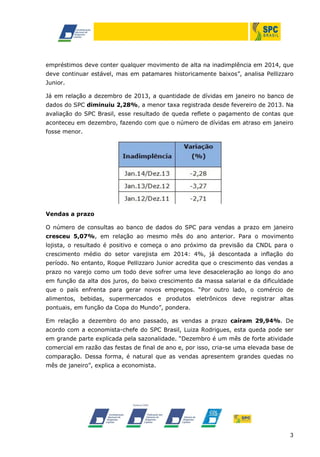 empréstimos deve conter qualquer movimento de alta na inadimplência em 2014, que
deve continuar estável, mas em patamares historicamente baixos”, analisa Pellizzaro
Junior.
Já em relação a dezembro de 2013, a quantidade de dívidas em janeiro no banco de
dados do SPC diminuiu 2,28%, a menor taxa registrada desde fevereiro de 2013. Na
avaliação do SPC Brasil, esse resultado de queda reflete o pagamento de contas que
aconteceu em dezembro, fazendo com que o número de dívidas em atraso em janeiro
fosse menor.

Vendas a prazo
O número de consultas ao banco de dados do SPC para vendas a prazo em janeiro
cresceu 5,07%, em relação ao mesmo mês do ano anterior. Para o movimento
lojista, o resultado é positivo e começa o ano próximo da previsão da CNDL para o
crescimento médio do setor varejista em 2014: 4%, já descontada a inflação do
período. No entanto, Roque Pellizzaro Junior acredita que o crescimento das vendas a
prazo no varejo como um todo deve sofrer uma leve desaceleração ao longo do ano
em função da alta dos juros, do baixo crescimento da massa salarial e da dificuldade
que o país enfrenta para gerar novos empregos. “Por outro lado, o comércio de
alimentos, bebidas, supermercados e produtos eletrônicos deve registrar altas
pontuais, em função da Copa do Mundo”, pondera.
Em relação a dezembro do ano passado, as vendas a prazo caíram 29,94%. De
acordo com a economista-chefe do SPC Brasil, Luiza Rodrigues, esta queda pode ser
em grande parte explicada pela sazonalidade. “Dezembro é um mês de forte atividade
comercial em razão das festas de final de ano e, por isso, cria-se uma elevada base de
comparação. Dessa forma, é natural que as vendas apresentem grandes quedas no
mês de janeiro”, explica a economista.

3

 