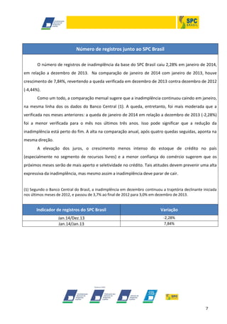 Número de registros junto ao SPC Brasil
O número de registros de inadimplência da base do SPC Brasil caiu 2,28% em janeiro de 2014,
em relação a dezembro de 2013. Na comparação de janeiro de 2014 com janeiro de 2013, houve
crescimento de 7,84%, revertendo a queda verificada em dezembro de 2013 contra dezembro de 2012
(-4,44%).
Como um todo, a comparação mensal sugere que a inadimplência continuou caindo em janeiro,
na mesma linha dos os dados do Banco Central (1). A queda, entretanto, foi mais moderada que a
verificada nos meses anteriores: a queda de janeiro de 2014 em relação a dezembro de 2013 (-2,28%)
foi a menor verificada para o mês nos últimos três anos. Isso pode significar que a redução da
inadimplência está perto do fim. A alta na comparação anual, após quatro quedas seguidas, aponta na
mesma direção.
A elevação dos juros, o crescimento menos intenso do estoque de crédito no país
(especialmente no segmento de recursos livres) e a menor confiança do comércio sugerem que os
próximos meses serão de mais aperto e seletividade no crédito. Tais atitudes devem prevenir uma alta
expressiva da inadimplência, mas mesmo assim a inadimplência deve parar de cair.

(1) Segundo o Banco Central do Brasil, a inadimplência em dezembro continuou a trajetória declinante iniciada
nos últimos meses de 2012, e passou de 3,7% ao final de 2012 para 3,0% em dezembro de 2013.

Indicador de registros do SPC Brasil

Variação

Jan.14/Dez.13
Jan.14/Jan.13

-2,28%
7,84%

7

 