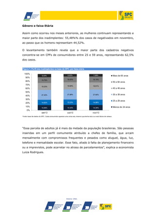 Gênero e faixa Etária
Assim como ocorreu nos meses anteriores, as mulheres continuam representando a
maior parte dos inadimplentes: 55,48%% dos casos de negativados em novembro,
ao passo que os homens representam 44,52%.
O levantamento também revela que a maior parte dos cadastros negativos
concentra-se em CPFs de consumidores entre 25 e 59 anos, representando 62,5%
dos casos.

Figura 1- Perfil dos inadimplentes na base do SPC, por faixa etária

100%
9,03%

6,93%

7,08%

15,75%

16,02%

16,15%

19,23%

19,60%

27,32%

27,98%

27,90%

14,62%

15,03%

14,96%

14,06%

14,43%

14,30%

set/13

out/13

nov/13

90%
80%

70%

Mais de 65 anos

50 a 64 anos
19,61%

40 a 49 anos

60%
50%
40%

30%
20%
10%

30 a 39 anos
25 a 29 anos

Menos de 24 anos

0%
Fonte: base de dados do SPC. Cada consumidor aparece uma única vez, mesmo que tenha dois ou mais títulos em atraso.

“Essa parcela de adultos já é mais da metade da população brasileiras. São pessoas
inseridas em um perfil comumente atribuído a chefes de família, que arcam
mensalmente com compromissos frequentes e pesados como aluguel, água, luz,
telefone e mensalidade escolar. Esse fato, aliado à falta de planejamento financeiro
ou a imprevistos, pode acarretar no atraso de parcelamentos”, explica a economista
Luiza Rodrigues.

 