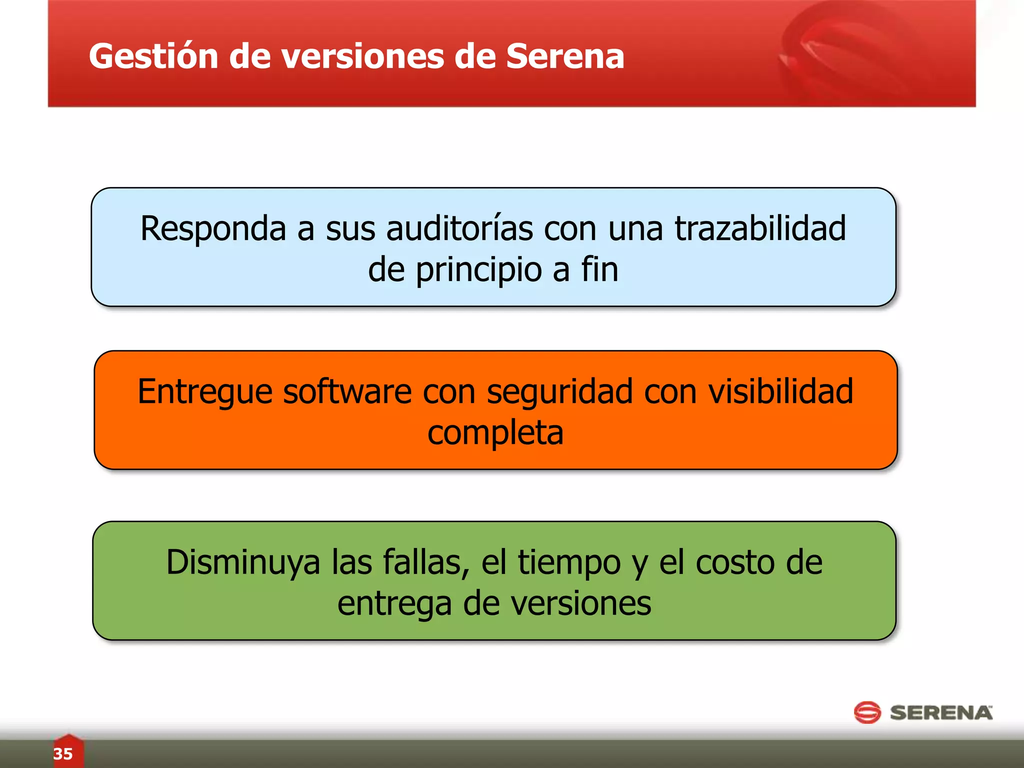 Serena puede ayudarle ….“Hemos podido automatizar nuestras versiones de aplicaciones web bisemanalmente, para una producción sin errores”.- Operaciones, Cliente“Hemos sido testigos de una mejora de 80% en los tiempos de entrega de software”.- Director, Organización de atención médica de los EE.UU.14