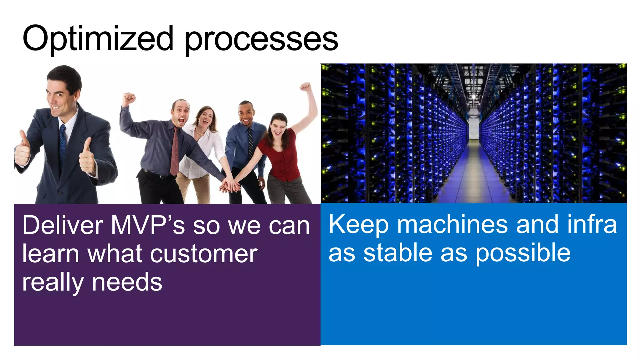 Deliver MVP’s so we can Keep machines and infra
as stable as possible
learn what customer
really needs

 