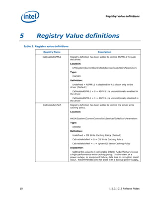 Registry Value definitions




5              Registry Value definitions
     Table 3. Registry value definitions

                    Registry Name                                    Description

                   CaDisableASPML1         Registry definition has been added to control ASPM L1 through
                                           the driver.

                                           Location:

                                             LMSystemCurrentControlSetServicesIaNvStorParameters

                                           Type:

                                             DWORD

                                           Definition:

                                             Undefined = ASPM L1 is disabled for A1 silicon only in the
                                           driver (Default)

                                             CaDisableASPML1 = 0 = ASPM L1 is unconditionally enabled in
                                           the driver

                                             CaDisableASPML1 = 1 = ASPM L1 is unconditionally disabled in
                                           the driver

                    CaEnableAdvPerf        Registry definition has been added to control the driver write
                                           caching policy.

                                           Location:


                                           HKLMSystemCurrentControlSetServicesIaNvStorParameters

                                           Type:

                                             DWORD

                                           Definition:

                                             Undefined = OS Write Caching Policy (Default)

                                             CaEnableAdvPerf = 0 = OS Write Caching Policy

                                             CaEnableAdvPerf = 1 = Ignore OS Write Caching Policy

                                           Disclaimer:

                                             Setting this value to 1 will enable Intel® Turbo Memory to use
                                           a high-performance write-caching policy. In the event of a
                                           power outage, or equipment failure, data loss or corruption could
                                           occur. Recommended only for disks with a backup power supply.




10                                                                              1.5.0.1013 Release Notes
 