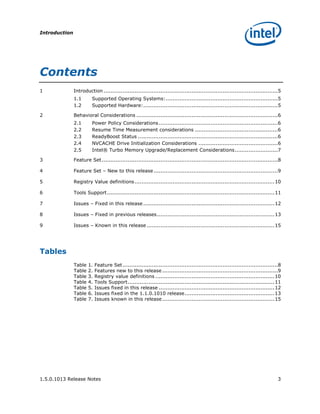 Introduction




Contents
1              Introduction .....................................................................................................5
               1.1       Supported Operating Systems:.................................................................5
               1.2       Supported Hardware:..............................................................................5

2              Behavioral Considerations ..................................................................................6
               2.1       Power Policy Considerations .....................................................................6
               2.2       Resume Time Measurement considerations ................................................6
               2.3       ReadyBoost Status .................................................................................6
               2.4       NVCACHE Drive Initialization Considerations ..............................................6
               2.5       Intel® Turbo Memory Upgrade/Replacement Considerations.........................7

3              Feature Set ......................................................................................................8

4              Feature Set – New to this release ........................................................................9

5              Registry Value definitions ................................................................................. 10

6              Tools Support................................................................................................. 11

7              Issues – Fixed in this release ............................................................................ 12

8              Issues – Fixed in previous releases .................................................................... 13

9              Issues – Known in this release .......................................................................... 15




Tables
               Table   1.   Feature Set ..........................................................................................8
               Table   2.   Features new to this release ...................................................................9
               Table   3.   Registry value definitions ..................................................................... 10
               Table   4.   Tools Support..................................................................................... 11
               Table   5.   Issues fixed in this release ................................................................... 12
               Table   6.   Issues fixed in the 1.1.0.1010 release.................................................... 13
               Table   7.   Issues known in this release ................................................................. 15




1.5.0.1013 Release Notes                                                                                                         3
 