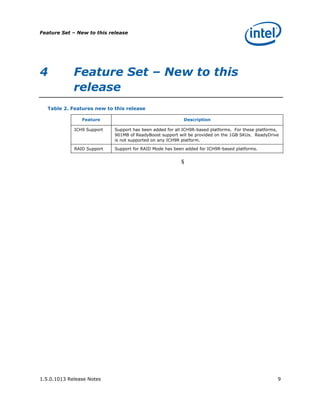Feature Set – New to this release




4            Feature Set – New to this
             release
   Table 2. Features new to this release

                Feature                                    Description

             ICH9 Support   Support has been added for all ICH9R-based platforms. For these platforms,
                            901MB of ReadyBoost support will be provided on the 1GB SKUs. ReadyDrive
                            is not supported on any ICH9R platform.

             RAID Support   Support for RAID Mode has been added for ICH9R-based platforms.


                                                          §




1.5.0.1013 Release Notes                                                                             9
 