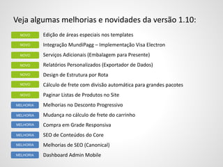 Veja algumas melhorias e novidades da versão 1.10:
Edição de áreas especiais nos templates
Integração MundiPagg – Implementação Visa Electron
Serviços Adicionais (Embalagem para Presente)
Relatórios Personalizados (Exportador de Dados)
Design de Estrutura por Rota
Cálculo de frete com divisão automática para grandes pacotes
Paginar Listas de Produtos no Site
Melhorias no Desconto Progressivo
Mudança no cálculo de frete do carrinho
Compra em Grade Responsiva
SEO de Conteúdos do Core
Melhorias de SEO (Canonical)
Dashboard Admin Mobile
NOVO
NOVO
NOVO
MELHORIA
NOVO
NOVO
NOVO
NOVO
MELHORIA
MELHORIA
MELHORIA
MELHORIA
MELHORIA
 