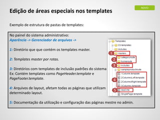 Edição de áreas especiais nos templates
Exemplo de estrutura de pastas de templates:
No painel do sistema administrativo:
Aparência -> Gerenciador de arquivos ->
1: Diretório que que contém os templates master.
2: Templates master por rotas.
3: Diretórios com templates de inclusão padrões do sistema
Ex: Contém templates como PageHeader.template e
PageFooter.template.
4: Arquivos de layout, afetam todas as páginas que utilizam
determinado layout.
5: Documentação da utilização e configuração das páginas mestre no admin.
NOVO
1
2
3
4
5
 