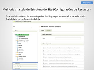 Melhorias na tela de Estrutura do Site (Configurações de Recursos)
Foram adicionados as lista de categorias, landing pages e metadados para dar maior
flexibilidade na configuração da loja.
MELHORIA
 