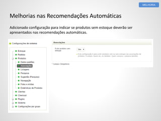Melhorias nas Recomendações Automáticas
Adicionado configuração para indicar se produtos sem estoque deverão ser
apresentados nas recomendações automáticas.
MELHORIA
 