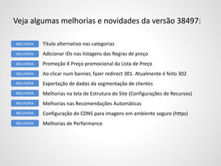 Veja algumas melhorias e novidades da versão 38497:
Título alternativo nas categorias
Adicionar IDs nas listagens das Regras de preço
Promoção X Preço promocional da Lista de Preço
Ao clicar num banner, fazer redirect 301. Atualmente é feito 302
Exportação de dados da segmentação de clientes
Melhorias na tela de Estrutura do Site (Configurações de Recursos)
Melhorias nas Recomendações Automáticas
Configuração de CDNS para imagens em ambiente seguro (https)
Melhorias de Performance
MELHORIA
MELHORIA
MELHORIA
MELHORIA
MELHORIA
MELHORIA
MELHORIA
MELHORIA
MELHORIA
 