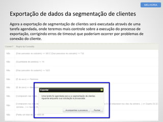 Exportação de dados da segmentação de clientes
Agora a exportação de segmentação de clientes será executada através de uma
tarefa agendada, onde teremos mais controle sobre a execução do processo de
exportação, corrigindo erros de timeout que poderiam ocorrer por problemas de
conexão do cliente.
MELHORIA
 