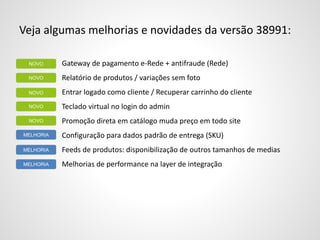 Veja algumas melhorias e novidades da versão 38991:
Gateway de pagamento e-Rede + antifraude (Rede)
Relatório de produtos / variações sem foto
Entrar logado como cliente / Recuperar carrinho do cliente
Teclado virtual no login do admin
Promoção direta em catálogo muda preço em todo site
Configuração para dados padrão de entrega (SKU)
Feeds de produtos: disponibilização de outros tamanhos de medias
Melhorias de performance na layer de integração
MELHORIA
NOVO
NOVO
NOVO
NOVO
NOVO
MELHORIA
MELHORIA
 