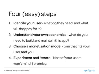 1. Identify your user - what do they need, and what
will they pay for it?
2. Understand your own economics - what do you
need to build and maintain this app?
3. Choose a monetization model - one that ﬁts your
user and you.
4. Experiment and iterate - Most of your users
won’t mind. I promise.
Is your app ready to make money?
Four (easy) steps
 
