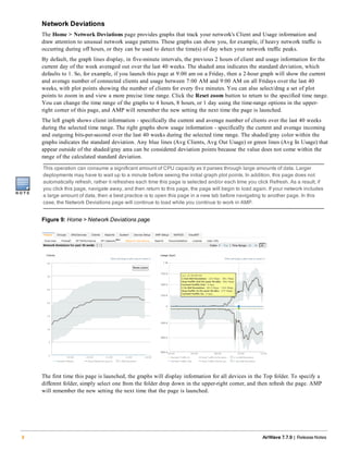 Network Deviations
The Home > Network Deviations page provides graphs that track your network's Client and Usage information and
draw attention to unusual network usage patterns. These graphs can show you, for example, if heavy network traffic is
occurring during off hours, or they can be used to detect the time(s) of day when your network traffic peaks.
By default, the graph lines display, in five-minute intervals, the previous 2 hours of client and usage information for the
current day of the week averaged out over the last 40 weeks. The shaded area indicates the standard deviation, which
defaults to 1. So, for example, if you launch this page at 9:00 am on a Friday, then a 2-hour graph will show the current
and average number of connected clients and usage between 7:00 AM and 9:00 AM on all Fridays over the last 40
weeks, with plot points showing the number of clients for every five minutes. You can also select/drag a set of plot
points to zoom in and view a more precise time range. Click the Reset zoom button to return to the specified time range.
You can change the time range of the graphs to 4 hours, 8 hours, or 1 day using the time-range options in the upper-
right corner of this page, and AMP will remember the new setting the next time the page is launched.
The left graph shows client information - specifically the current and average number of clients over the last 40 weeks
during the selected time range. The right graphs show usage information - specifically the current and average incoming
and outgoing bits-per-second over the last 40 weeks during the selected time range. The shaded/gray color within the
graphs indicates the standard deviation. Any blue lines (Avg Clients, Avg Out Usage) or green lines (Avg In Usage) that
appear outside of the shaded/gray area can be considered deviation points because the value does not come within the
range of the calculated standard deviation.
This operation can consume a significant amount of CPU capacity as it parses through large amounts of data. Larger
deployments may have to wait up to a minute before seeing the initial graph plot points. In addition, this page does not
automatically refresh, rather it refreshes each time this page is selected and/or each time you click Refresh. As a result, if
you click this page, navigate away, and then return to this page, the page will begin to load again. If your network includes
a large amount of data, then a best practice is to open this page in a new tab before navigating to another page. In this
case, the Network Deviations page will continue to load while you continue to work in AMP.
Figure 9: Home > Network Deviations page
The first time this page is launched, the graphs will display information for all devices in the Top folder. To specify a
different folder, simply select one from the folder drop down in the upper-right corner, and then refresh the page. AMP
will remember the new setting the next time that the page is launched.
8 AirWave 7.7.9 | Release Notes
 