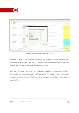 CORE – Documentação de versão 2.16 11
Figura 4 - Tela de execução de workflows em lote
Conforme a Figura 4, é exibida uma janela com um resumo dos status dos pedidos e a
quantidade de pedidos em cada status. É possível então selecionar os pedidos que serão
afetados pela execução do workflow, através de seus status.
Note que os status “Entregue” e “Cancelado” aparecem desmarcados, devido à
configuração de “comportamento” definida como “Finalizado” e/ou “Cancelado”,
respectivamente. Ao clicar em “Sim”, o sistema executará o Workflow selecionado, em
segundo plano.
 
