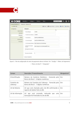CORE – Documentação de versão 2.16 7
Figura 5 - Tela de configuração do meio de pagamento Banco do Brasil. Em: “Configs” > “Meios de Pagamento”
> ”Banco do Brasil” > “Integração”
Campo Descrição / Preenchimento Obrigatório?
ID de Afiliação Número do Comércio Eletrônico - fornecido pelo
Banco do Brasil - 6 dígitos numéricos
Sim
Convênio de
cobrança
Número do Convênio de Cobrança - fornecido pelo
Banco do Brasil - 7 dígitos numéricos
Sim
Url de Retorno Url que será chamada pelo site BB confirmando o
registro de boleto feito no BB.
Sim
Url de Informação Url que será acionado, indicando que uma
transação foi finalizada no site do BB.
Sim
 
