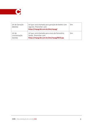 CORE – Documentação de versão 2.16 8
Url de Geração
(Boleto)
Url que será chamada para geração do boleto com
registro. Preencher com
https://mpag.bb.com.br/site/mpag/
Sim
Url de
sincronização
(Sonda)
Url que será chamada para envio do formulário
Sonda. Preencher com
https://mpag.bb.com.br/site/mpag/REC3.jsp
Sim
 