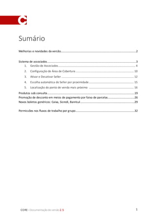 1CORE–Documentaçãode versão 2.5
Sumário
Melhorias e novidades da versão................................................................................................2
Sistema de associados.................................................................................................................3
1. Gestão de Associados.................................................................................................. 4
2. Configuração de Área de Cobertura.......................................................................... 10
3. Ativar e Desativar Seller ............................................................................................ 12
4. Escolha automática do Seller por proximidade......................................................... 15
5. Localização do ponto de venda mais próximo ......................................................... 16
Produtos sob consulta...............................................................................................................19
Promoção de desconto em meios de pagamento por faixa de parcelas..................................26
Novos boletos genéricos: Caixa, Sicredi, Banrisul.....................................................................29
Permissões nos fluxos de trabalho por grupo...........................................................................32
 