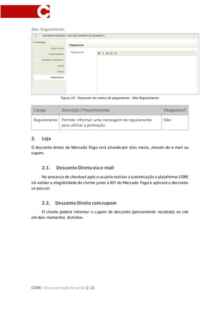 CORE–Documentaçãode versão 2.11
Aba: Regulamento
Figura 10 - Desconto em meios de pagamento - Aba Regulamento
Campo Descrição / Preenchimento Obrigatório?
Regulamento Permite informar uma mensagem de regulamento
para utilizar a promoção.
Não
2. Loja
O desconto direto do Mercado Pago será ativado por dois meios, através do e-mail ou
cupom.
2.1. Desconto Diretoviae-mail
No processo de checkout após o usuário realizar aautenticação a plataforma CORE
irá validar a elegibilidade do cliente junto à API do Mercado Pago e aplicará o desconto
se possuir.
2.2. DescontoDiretocomcupom
O cliente poderá informar o cupom de desconto (previamente recebido) no site
em dois momentos distintos.
 