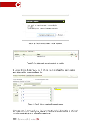 CORE – Documentação de versão 2.15
Figura 11 - É possível acompanhar a tarefa agendada
Figura 12 - Tarefa agendada para a importação de produtos
O processo de importação cria uma Tag de sistema, associa essa Tag à lista recém-criada e
associa os produtos importados à essa Tag:
Figura 13 - Tag de sistema associada à lista de produtos
Se for necessário, incluir, substituir ou excluir produtos de uma lista, basta alterá-la, selecionar
o arquivo com as alterações e salvar a lista novamente.
 