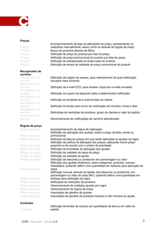 3CORE – Recursos - Versão 2.6
Preços
Preços
Acompanhamento de logs de alterações de preço, apresentando os
realizados manualmente, assim como os através de regras de preço
Preços Busca de produtos através de filtros
Preços Definição de preço do produto por lista de preço
Preços Definição de preço promocional do produto por lista de preço
Preços Definição de sobreposição do preço base do produto
Preços Definição de tempo de validade do preço promocional do produto
Recuperador de
carrinho
Recuperador de
carrinho
Definição da origem de acesso, para rastreamento de qual notificação
recupera mais compras
Recuperador de
carrinho Definição de e-mail CCO, para receber cópia dos e-mails enviados
Recuperador de
carrinho Definição do cupom de desconto dado a determinada notificação
Recuperador de
carrinho Definição do template de e-mail enviado ao cliente
Recuperador de
carrinho Definição do tempo para envio da notificação em minutos, horas e dias
Recuperador de
carrinho Definições de restrições de produtos, grupo de clientes e valor do pedido
Recuperador de
carrinho Gerenciamento de notificações de carrinho abandonado
Regras de preço
Regras de preço Acompanhamento do status de replicação
Regras de preço
Definição da aplicação dos ajustes, sobre o preço de lista, venda ou
promocional
Regras de preço Definição da lista de preços em que serão aplicadas os ajustes da regra
Regras de preço
Definição da política de alteração dos preços, aplicando menor preço
possível ou de acordo com a ordem de prioridade
Regras de preço Definição da prioridade de aplicação dos ajustes
Regras de preço Definição da validade da regra de preço
Regras de preço Definição da validade do ajuste
Regras de preço Definição de desconto ou acréscimo em porcentagem ou valor
Regras de preço
Definição dos ajustes dinâmicos, sobre categorias, produtos, marcas,
metadados, podendo definir uma quantidade em estoque para aplicação da
regra
Regras de preço
Definição manual, através de tabela, dos desconto ou acréscimo, em
porcentagem ou valor de cada SKU, podendo definir uma quantidade em
estoque para aplicação da regra
Regras de preço Definições de restrições de produtos
Regras de preço Gerenciamento de múltiplos ajustes por regra
Regras de preço Gerenciamento de regras de preço
Regras de preço Importação de planilha de ajustes
Regras de preço Importação de planilha de produtos inclusos e não inclusos ao ajuste
Contratos
Contratos
Definição de limites de compra em quantidade de itens e em valor do
pedido
 