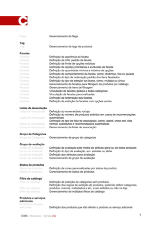 7CORE – Recursos - Versão 2.6
Flags Gerenciamento de flags
Tag
Tag Gerenciamento de tags de produtos
Facetas
Facetas Definição da aparência da faceta
Facetas Definição da URL padrão da faceta
Facetas Definição de limite de opções exibidas
Facetas Definição de opções prioritárias e excluídas da faceta
Facetas Definição de quantidade mínima e máxima de opções
Facetas Definição do comportamento da faceta, como: dinâmica, fixa ou guiada
Facetas Definição do tipo de ordenação padrão dos itens facetados
Facetas Definição do tipo de seleção da faceta, como: multipla ou única
Facetas Gerenciamento de facetas para filtragem de produtos por catálogo
Facetas Gerenciamento de itens de filtragem
Facetas Vinculação de facetas globais a todas categorias
Facetas Vinculação de facetas personalizadas
Facetas Definição da ordenação das facetas
Facetas Definição de exibição de facetas com opções vazias
Listas de Associação
Listas de Associação Definição do nome exibido na loja
Listas de Associação
Definição do número de produtos exibidos em casos de recomendações
automáticas
Listas de Associação
Definição do tipo de lista de associação, como: upsell, cross sell, lista
normal, substitutos e recomendações automáticas
Listas de Associação Gerenciamento de listas de associação
Grupo de Categorias
Grupo de Categorias Gerenciamento de grupo de categorias
Grupo de avaliação
Grupo de avaliação Definição da avaliação pela média do atributo geral ou de todos produtos
Grupo de avaliação Definição do tipo de avaliação, em: estrelas ou slider
Grupo de avaliação Definição dos atributos para avaliação
Grupo de avaliação Gerenciamento de grupo de avaliação
Status de produtos
Status de produtos Definição de cores personalizadas por status de produto
Status de produtos Gerenciamento de status de produtos
Filtro de catálogo
Filtro de catálogo Definição de exibição de categorias sem produtos
Filtro de catálogo
Definição dos regras de exibição de produtos, podendo definir categorias,
produtos, marcas, metadados e etc, a ser exibidos ou não na loja
Filtro de catálogo Gerenciamento de múltiplos filtros de catálogo
Produtos e serviços
adicionais
Produtos e serviços
adicionais Definição dos produtos que irão ofertar o produto ou serviço adicional
 