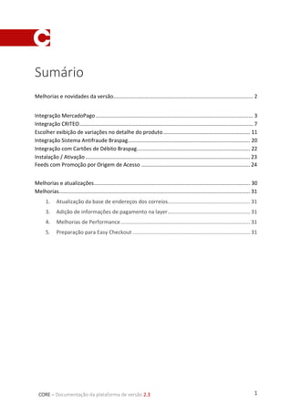 1CORE – Documentação da plataforma de versão 2.3
Sumário
Melhorias e novidades da versão............................................................................................... 2
Integração MercadoPago........................................................................................................... 3
Integração CRITEO...................................................................................................................... 7
Escolher exibição de variações no detalhe do produto........................................................... 11
Integração Sistema Antifraude Braspag................................................................................... 20
Integração com Cartões de Débito Braspag............................................................................. 22
Instalação / Ativação................................................................................................................ 23
Feeds com Promoção por Origem de Acesso .......................................................................... 24
Melhorias e atualizações.......................................................................................................... 30
Melhorias.................................................................................................................................. 31
1. Atualização da base de endereços dos correios........................................................ 31
3. Adição de informações de pagamento na layer........................................................ 31
4. Melhorias de Performance........................................................................................ 31
5. Preparação para Easy Checkout ................................................................................ 31
 