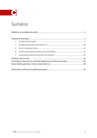 1CORE – Documentação de versão 2.5
Sumário
Melhorias e novidades da versão............................................................................................... 2
Sistema de associados................................................................................................................ 3
1. Gestão de Associados.................................................................................................. 4
2. Configuração de Área de Cobertura.......................................................................... 10
3. Ativar e Desativar Seller ............................................................................................ 12
4. Escolha automática do Seller por proximidade......................................................... 15
5. Localização do ponto de venda mais próximo ......................................................... 16
Produtos sob consulta.............................................................................................................. 19
Promoção de desconto em meios de pagamento por faixa de parcelas................................. 26
Novos boletos genéricos: Caixa, Sicredi, Banrisul.................................................................... 29
Permissões nos fluxos de trabalho por grupo.......................................................................... 32
 