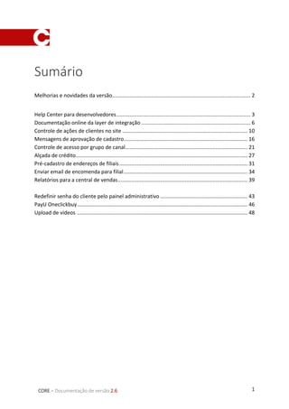 1CORE – Documentação de versão 2.6
Sumário
Melhorias e novidades da versão............................................................................................... 2
Help Center para desenvolvedores............................................................................................ 3
Documentação online da layer de integração ........................................................................... 6
Controle de ações de clientes no site ...................................................................................... 10
Mensagens de aprovação de cadastro..................................................................................... 16
Controle de acesso por grupo de canal.................................................................................... 21
Alçada de crédito...................................................................................................................... 27
Pré-cadastro de endereços de filiais........................................................................................ 31
Enviar email de encomenda para filial..................................................................................... 34
Relatórios para a central de vendas......................................................................................... 39
Redefinir senha do cliente pelo painel administrativo ............................................................ 43
PayU Oneclickbuy..................................................................................................................... 46
Upload de vídeos ..................................................................................................................... 48
 