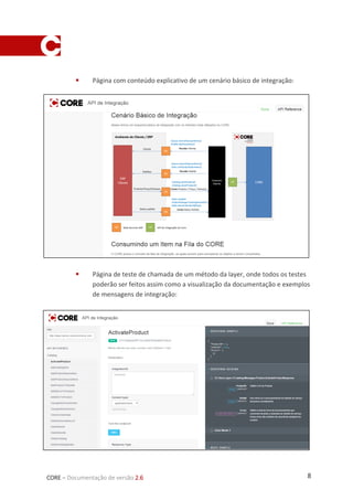 8CORE – Documentação de versão 2.6
 Página com conteúdo explicativo de um cenário básico de integração:
 Página de teste de chamada de um método da layer, onde todos os testes
poderão ser feitos assim como a visualização da documentação e exemplos
de mensagens de integração:
 