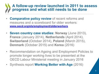 • Comparative policy review of recent reforms and
measures and a scoreboard for older workers:
www.oecd.org/els/employment/olderworkers
• Seven country case studies: Norway (June 2013),
France (January 2014), Netherlands (April 2014),
Switzerland (October 2014), Poland (March 2015),
Denmark (October 2015) and Korea (2016)
• Recommendation on Ageing and Employment Policies to
promote longer working lives to be presented at the
OECD Labour Ministerial meeting in January 2016
• Synthesis report Working Better with Age (2016)
A follow-up review launched in 2011 to assess
progress and what still needs to be done
5
 