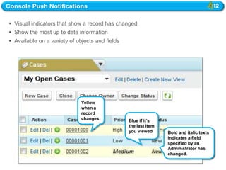 Console Push Notifications

 Visual indicators that show a record has changed
 Show the most up to date information
 Available on a variety of objects and fields




                              Yellow
                              when a
                              record
                              changes            Blue if it‟s
                                                 the last item
                                                 you viewed      Bold and italic texts
                                                                 indicates a field
                                                                 specified by an
                                                                 Administrator has
                                                                 changed.
 