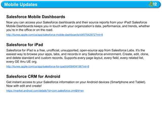 Mobile Updates

Salesforce Mobile Dashboards
Now you can access your Salesforce dashboards and their source reports from your iPad! Salesforce
Mobile Dashboards keeps you in touch with your organization‘s data, performance, and trends, whether
you‘re in the office or on the road.
http://itunes.apple.com/us/app/salesforce-mobile-dashboards/id457642972?mt=8


Salesforce for iPad
Salesforce for iPad is a free, unofficial, unsupported, open-source app from Salesforce Labs. It's the
easiest way to browse your apps, tabs, and records in any Salesforce environment. Create, edit, clone,
and delete standard and custom records. Supports every page layout, every field, every related list,
every GE thru UE org.
http://itunes.apple.com/us/app/salesforce-for-ipad/id458454196?mt=8


Salesforce CRM for Android
Get instant access to your Salesforce information on your Android devices (Smartphone and Tablet).
Now with edit and create!
https://market.android.com/details?id=com.salesforce.crm&hl=en
 