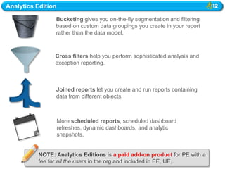 Analytics Edition

                Bucketing gives you on-the-fly segmentation and filtering
                based on custom data groupings you create in your report
                rather than the data model.



                Cross filters help you perform sophisticated analysis and
                exception reporting.



                Joined reports let you create and run reports containing
                data from different objects.



                    More scheduled reports, scheduled dashboard
                    refreshes, dynamic dashboards, and analytic
                    snapshots.


          NOTE: Analytics Editions is a paid add-on product for PE with a
          fee for all the users in the org and included in EE, UE,.
 