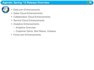 Agenda: Spring ‟12 Release Overview

       Data.com Enhancements
       Sales Cloud Enhancements:
       Collaboration Cloud Enhancements
       Service Cloud Enhancements
       Analytics Enhancements
        – Analytics Overview
        – Customer Demo: Bert Reece, Hubwoo
       Force.com Enhancements
 