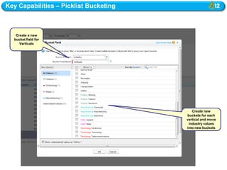 Key Capabilities – Picklist Bucketing



   Create a new
  bucket field for
     Verticals




                                           Create new
                                        buckets for each
                                        vertical and move
                                         industry values
                                        into new buckets
 