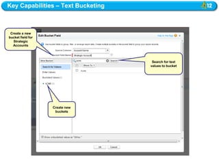 Key Capabilities – Text Bucketing



 Create a new
bucket field for
   Strategic
  Accounts



                                     Search for text
                                    values to bucket




                   Create new
                    buckets
 